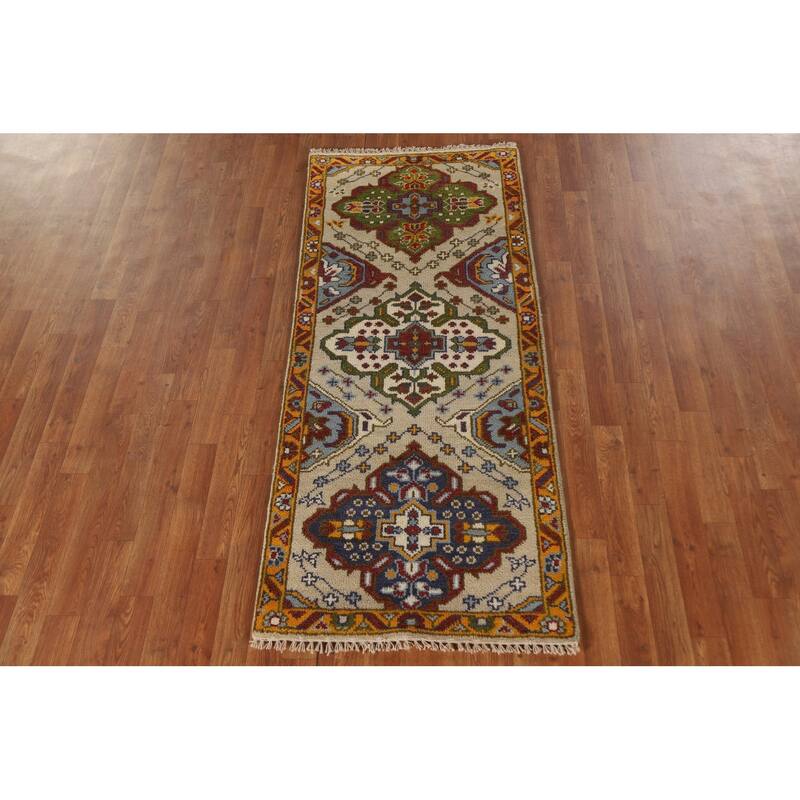 Geometric Beige Kazak Indian Rug Handmade Wool Carpet - 2'7"x 6'0"