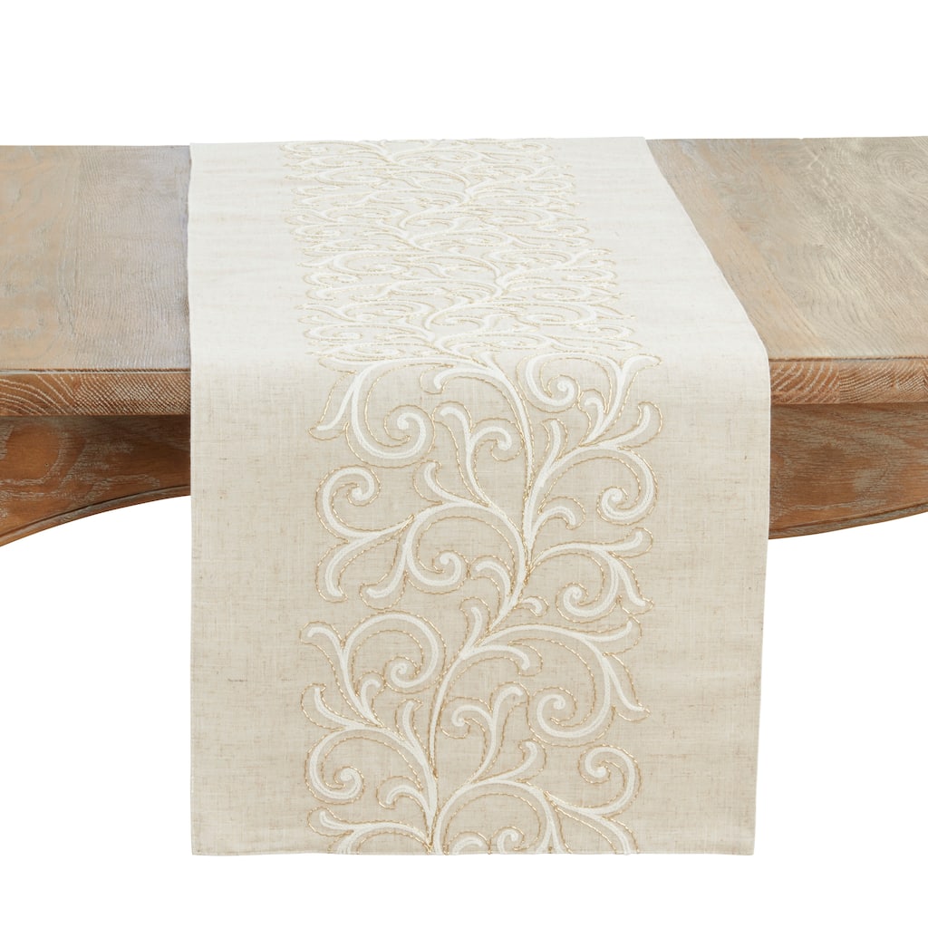 Linen Blend Embroidered Scroll Table Runner - 16"x70"
