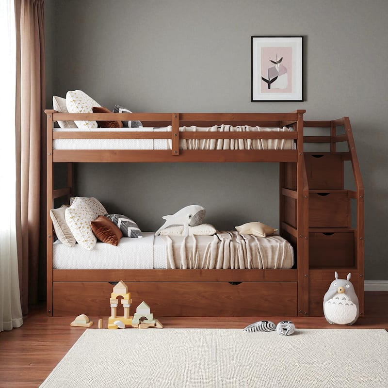 Twin Over Twin Bunk Bed with Trundle and 3 Storage Stairs, Solid Wood Frame, No Box Spring Required