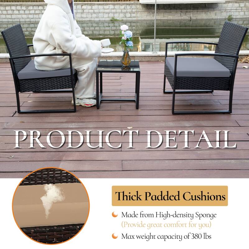 3-Pieces Wicker Patio Conversation Set Outdoor Chairs with Cushions
