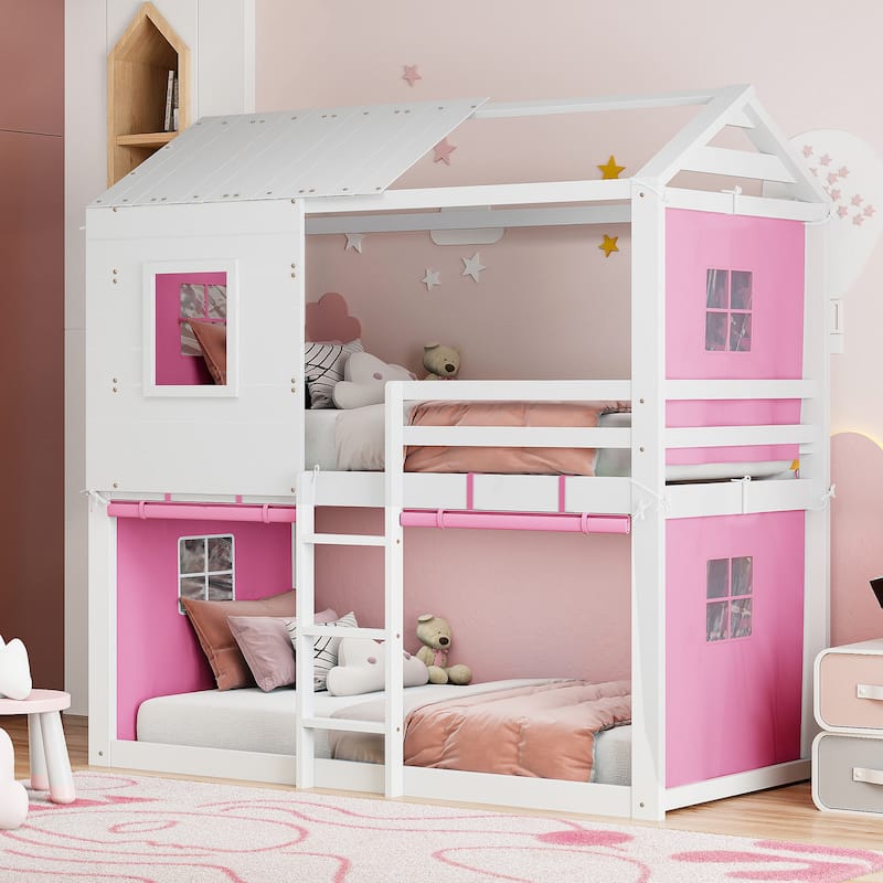 Playhouse Bed Floor Bunk Bed Kids Loft Bed with Tent - Pink - Twin