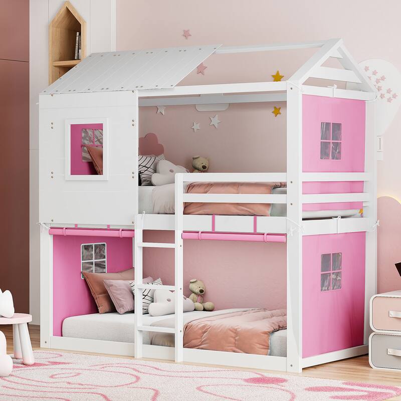 Twin Size Kids Playhouse Bunk Bed with Tent Wooden Frame and Sliding Window - Pink+White