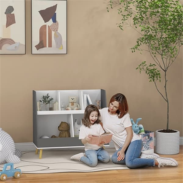 slide 2 of 6, Two tiers and five compartments Kids Bookcase - 31.5" L x 13.4" W x 28.5" H White-Grey
