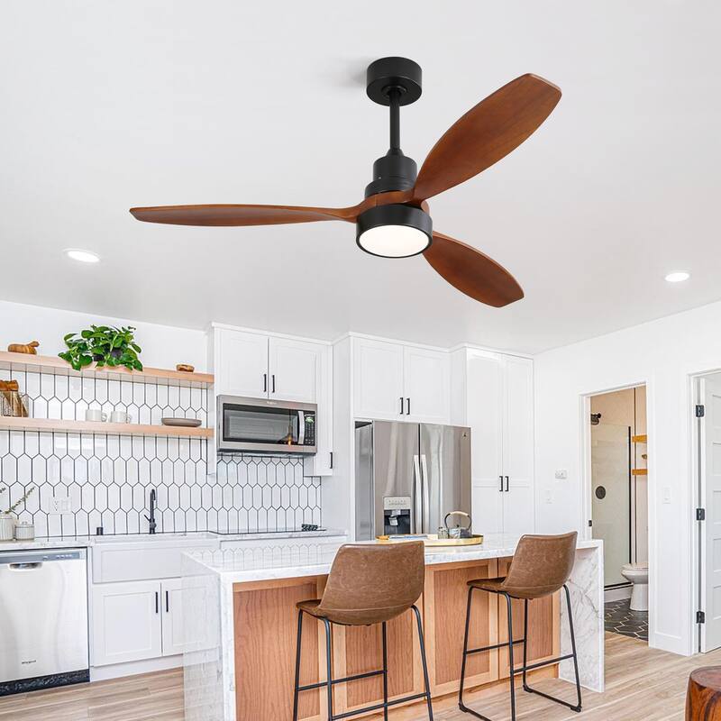 52 Inch Wooden Ceiling Fan Whit 3 Solid Wood Blades Remote Control Reversible DC Motor With Led Light