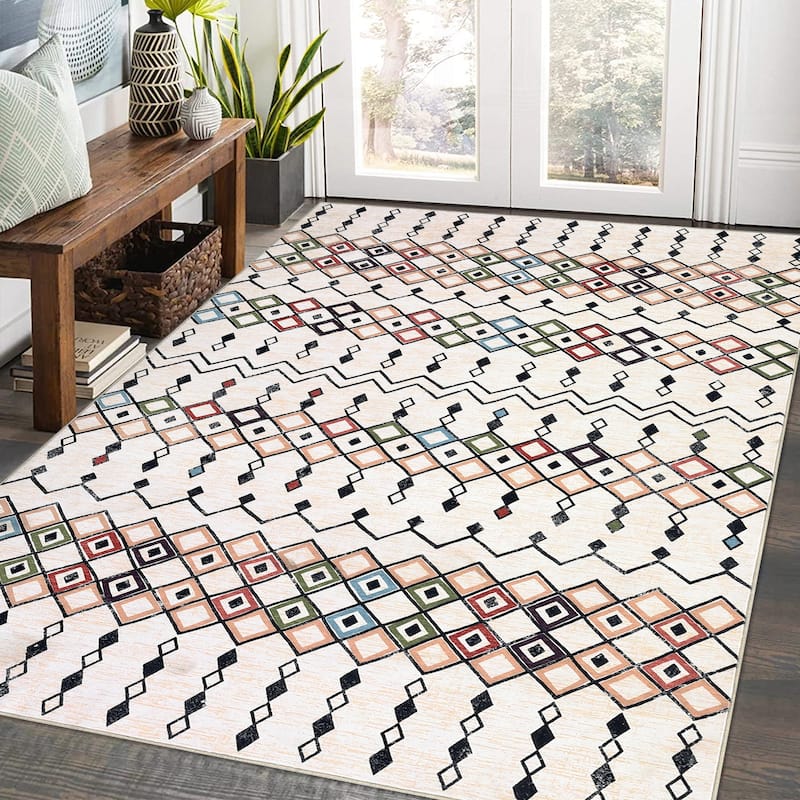 Garvee Boho Area Rug Geometric Printed Faux Wool Soft Floor Cover - 5' x 7' - Beige
