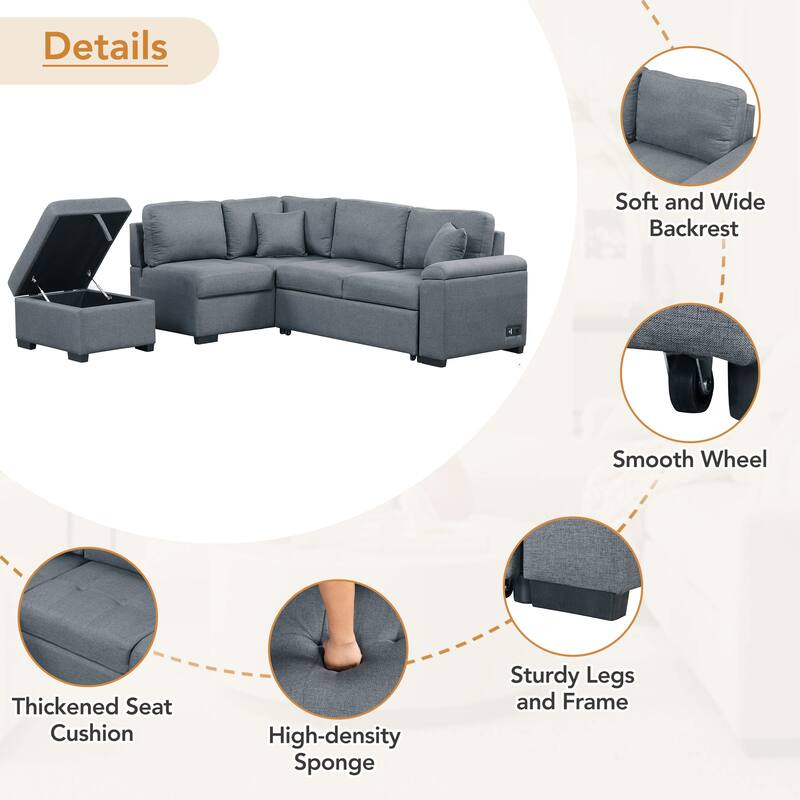 Sleeper Sectional Sofa, L-Shape Corner Couch Sofa-Bed with Storage Ottoman & Hidden Arm Storage & USB Charge for Living Room Ap - N/A