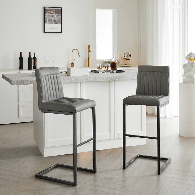 2 Sets Faux Leather Bar Stool - Sturdy Black Metal Frame & Padded Seat, Stylish Seating for Home Bar & Dining Counte - Gray