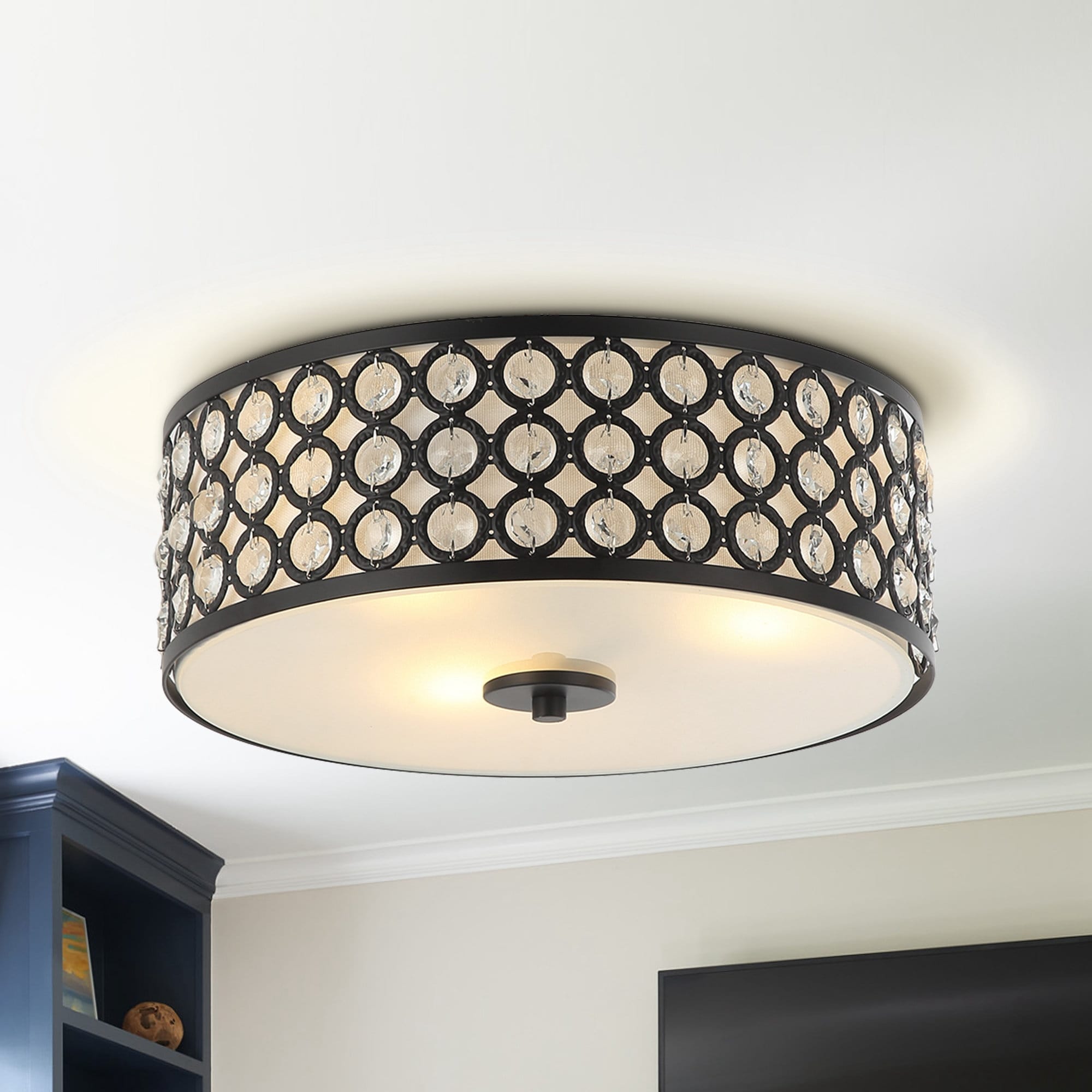 Modern 3-Light Crystal Black Drum Flush Mount Ceiling Light