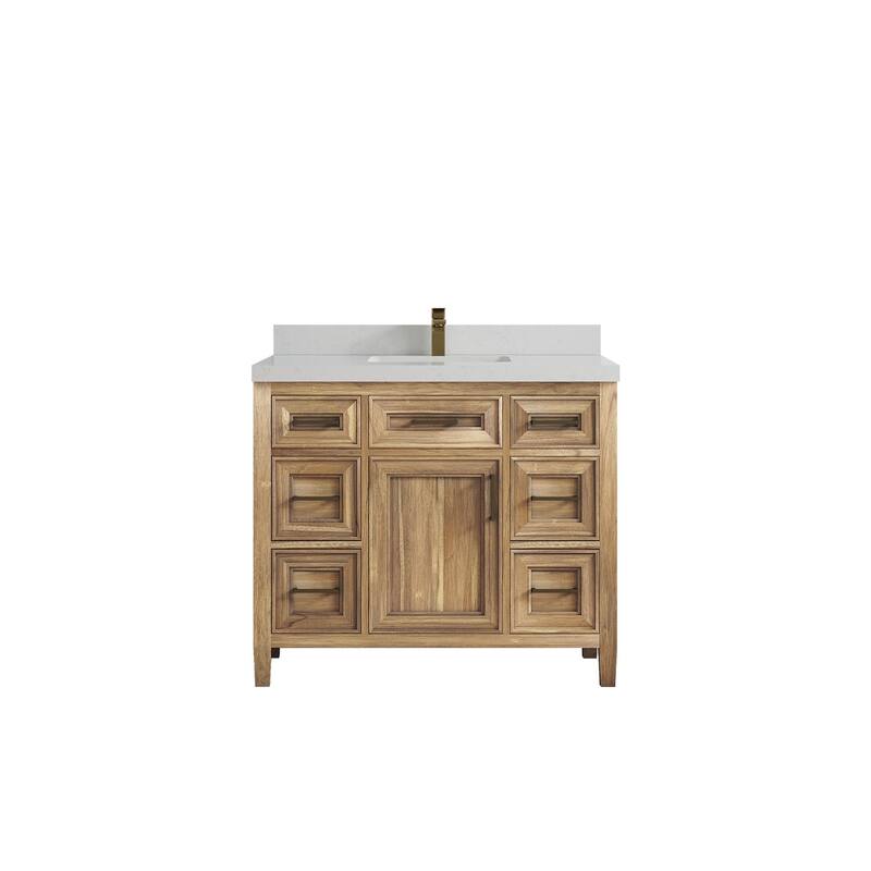 Willow Collections 42 in. W x 22 in. D Santa Monica Teak Single Sink Bathroom Vanity with Countertop - 2" Carrara Quartz - Whitewashed Teak