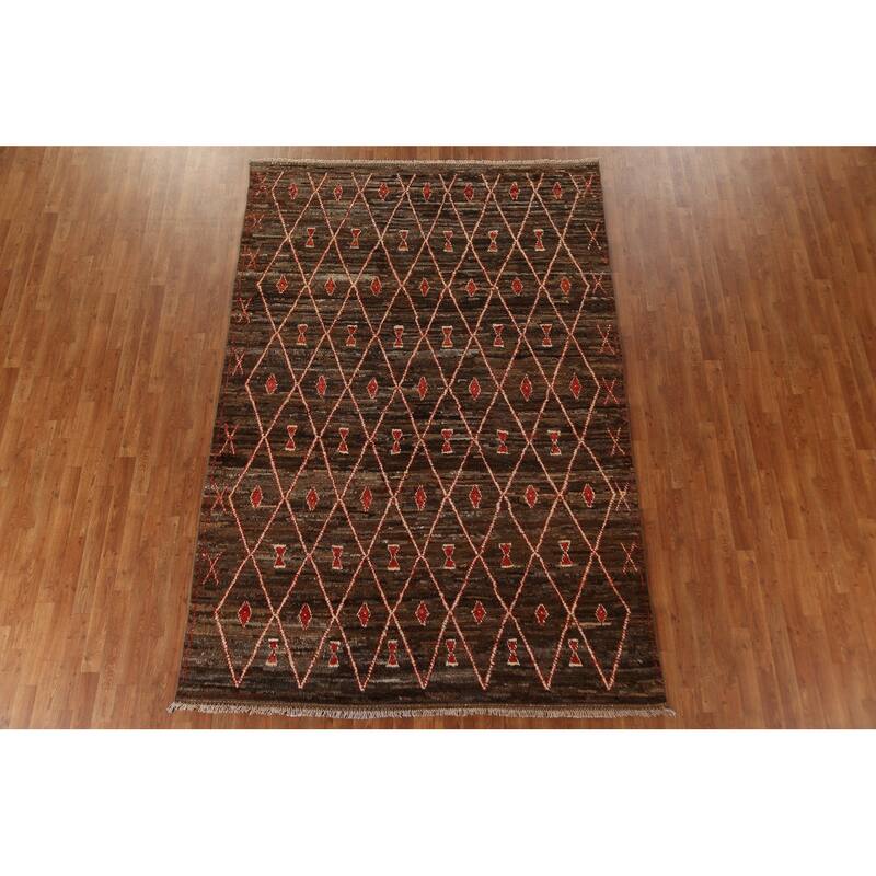 Hand Knotted Oriental 100% Wool Carpet Tribal Trellis Brown Moroccan Area Rug - 9' 11'' X 6' 8''