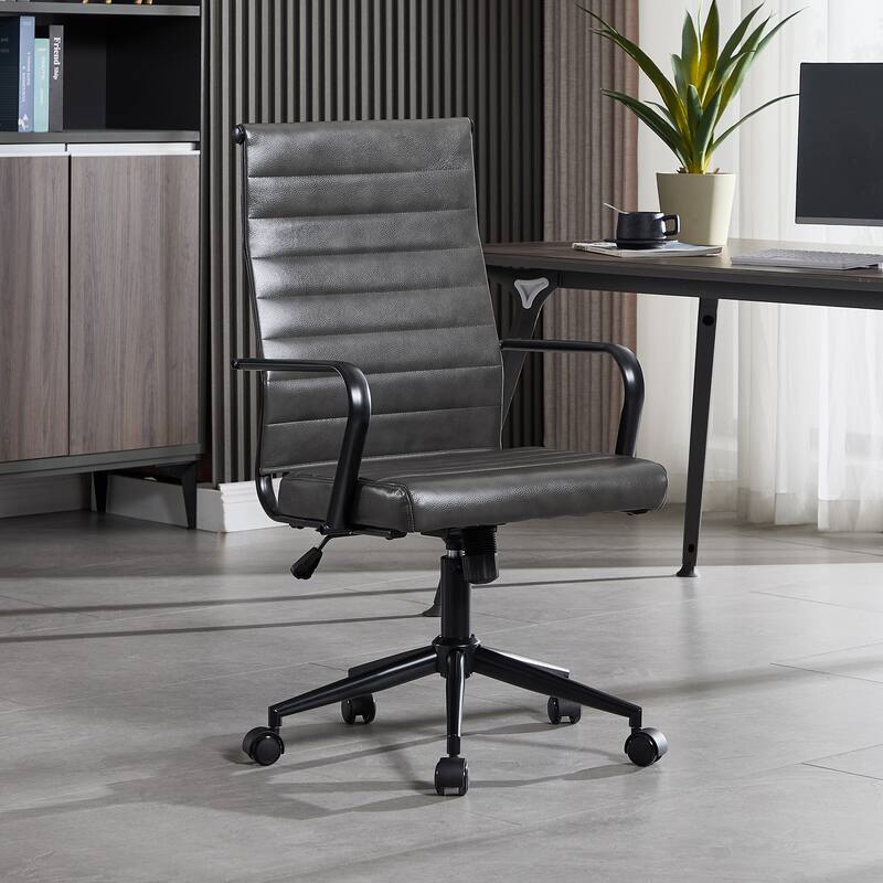 Ergonomic Office Chair Full-Grain Leather with Lumbar Support - Gray-Full Grain Leather