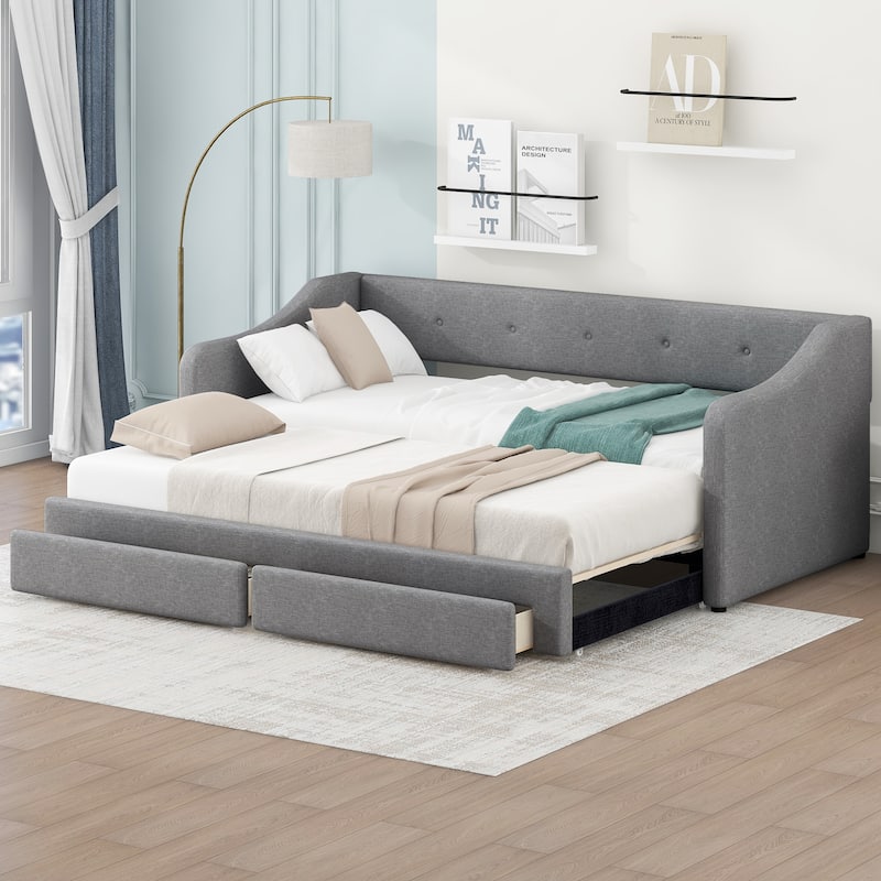 Twin XL to King Size Linen Fabric Daybed, Pull Out Upholstered Platform Sofa Bedframe with 2 Drawers, Wood Slats Support