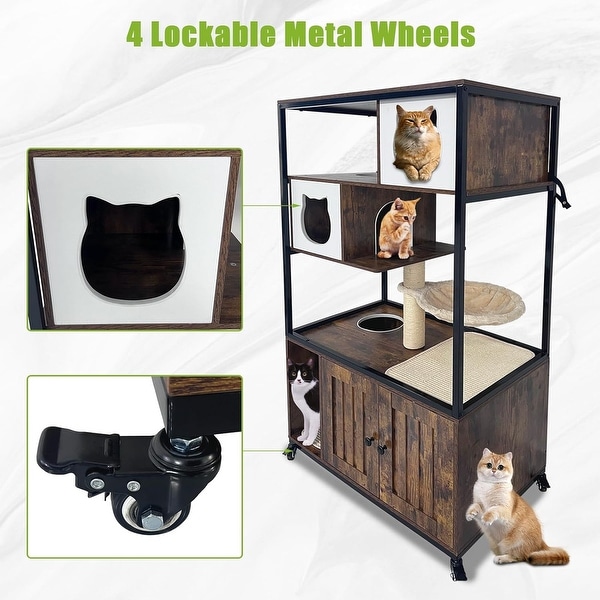 Hidden Litter Box Furniture, Wooden Cat Tree with Litter Box