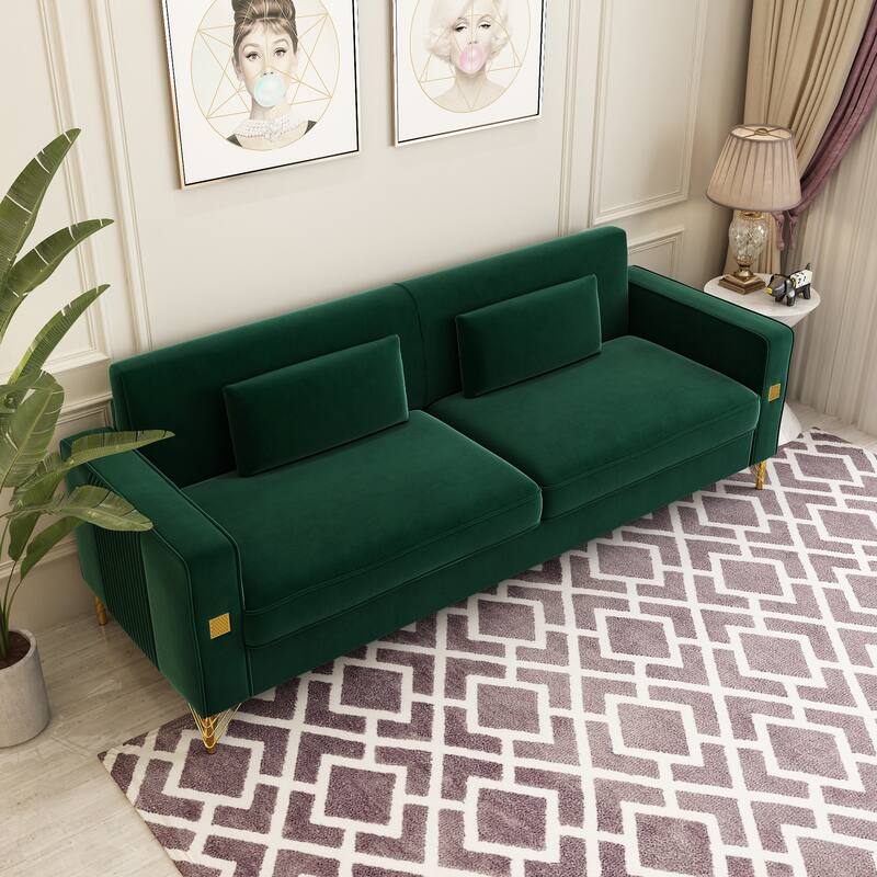 86-inch 2-seat Velvet Square Arm Upholstered Sofa with Two Waist Pillows