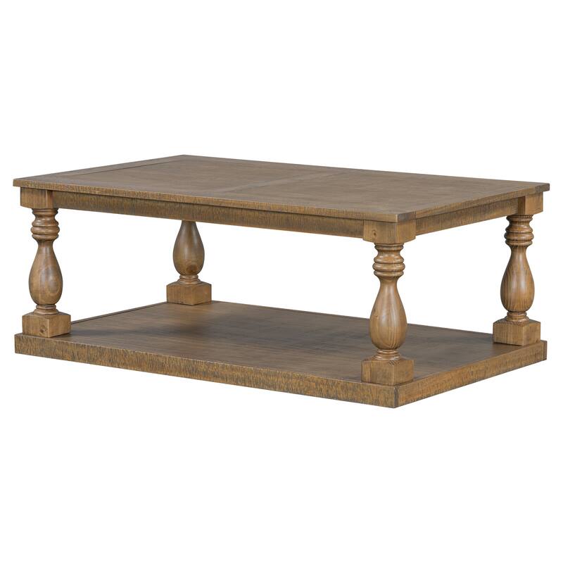 2-Tier Storage Coffee Tables with Vase Column Legs,Antique Wood Coffee Table Farmhouse 45" Rectangular Center Table