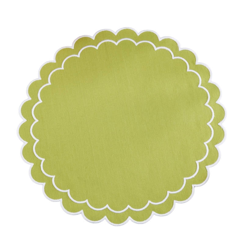 Scalloped Cotton Placemats (Set of 4) - Layered Wavy Edge Round Table Placemats for Dining, Entertaining & Everyday Table, 15" - Set of 4 - 15"x15" - Kiwi