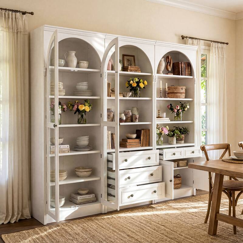 Modular White Bookcase with LED Lights & Glass Doors, 86.6" Tall Arched Display Cabinet Solid WoodStorage Cabinet