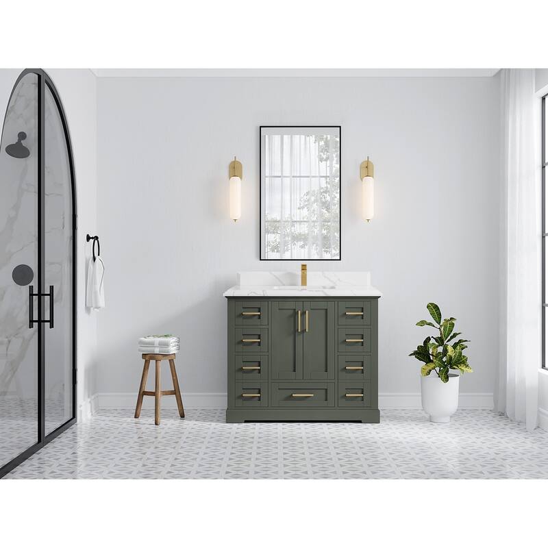 Willow Collection 42 in W x 22 in D x 36 in H Boston Single Bowl Sink Bathroom Vanity with Countertop - 1.5"Calacatta - Pewter Green