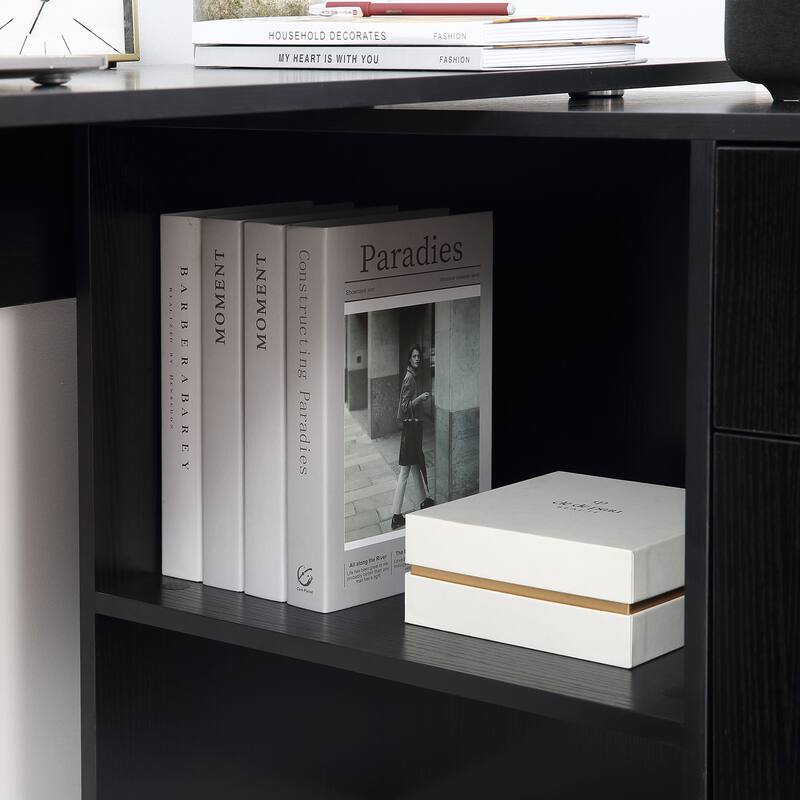 Adjustable L-Shaped Desk with Storage Cabinet, Drawer, and Shelves ,180° Rotating Study Desk for Small Spaces