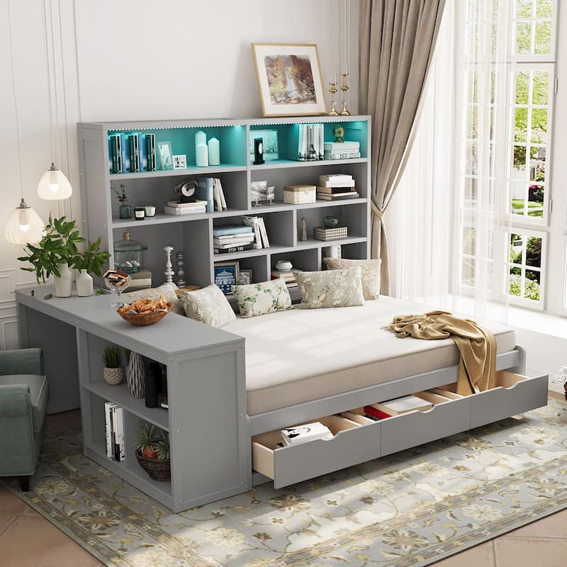 Modern Full Size Wooden Daybed with Built-In Desk, 3 Storage Drawers & Open Compartment Shelving by Harper&Bright Designs