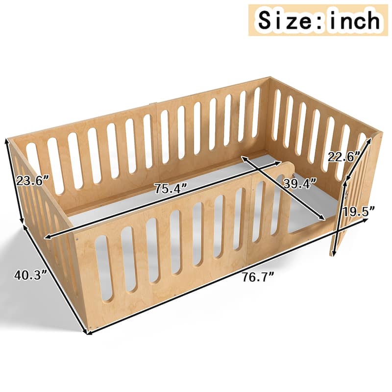 Toddlers Montessori Floor Bed with High Fence, Door, Low Profile Platform Bed Frame for Kids with No Box Spring Needed, No Slats