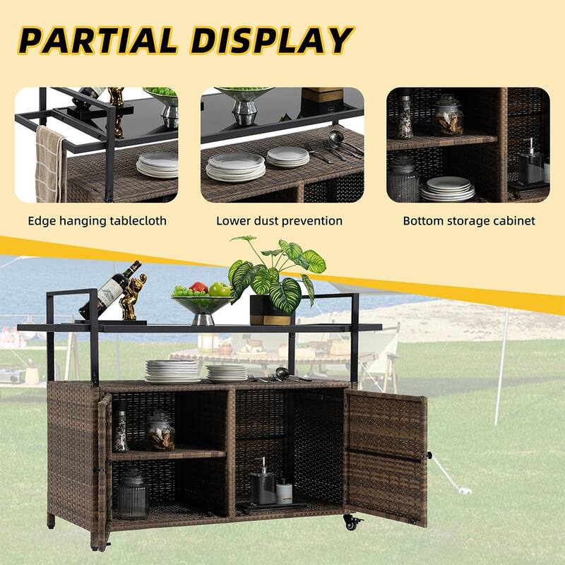 Large Portable Outdoor Wicker Bar Cart, Wheels, Glass Tabletop - 51.18'' W x 19.69'' D x 35.43'' H