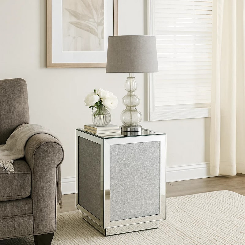 Mirrored Accent Table with Faux Diamond Inlay and Glass Top, Silver