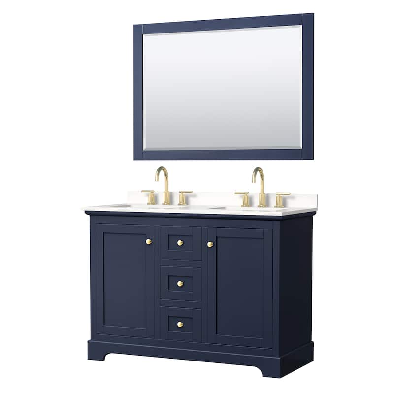 Avery 48-inch Double Vanity, Quartz Top, 46-inch Mirror - Dark Blue, Gold Trim, White Quartz Top