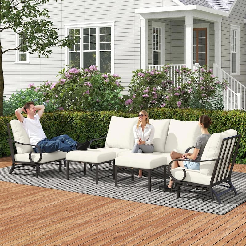 5PCS Patio Set,2 Rocking Chairs 3 Seat Sofa PE Rattan All Weather
