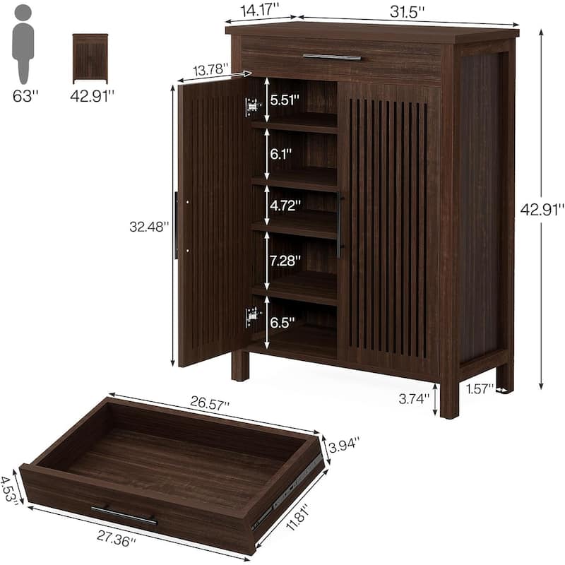 Modern Shoe Storage Cabinet with 5 Removable Shelves and Large Drawer for Entryway Use - 31.5”L x 14.17”W x 42.91”H