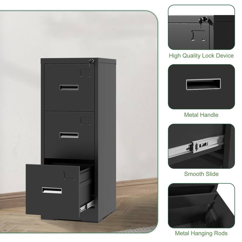 3 Drawer Metal Vertical File Cabinet with Lock and Card Slot File Cabinet for A4 Legal/Letter Size Narrow File Cabinet Locked