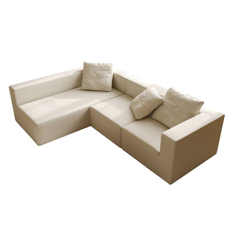 Corduroy Chaise Sectional Couch Convertible into Sleeper Sofa Bed, Deep Seating Modular Compression Sofa for Living Room