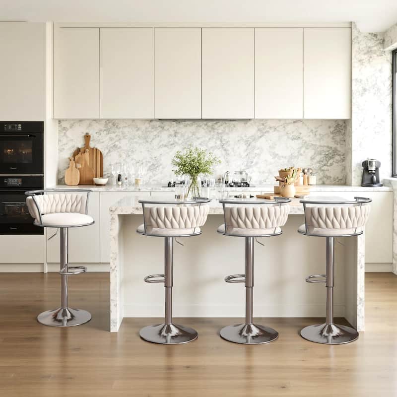 4 Set Modern Velvet Adjustable Swivel Bar Stools with Metal Frame