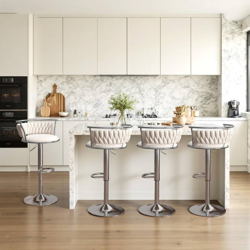 Velvet Upholstered Adjustable Bar Stool Swivel Counter Chair Set of 2 - Ivory/Silver - Set of 4