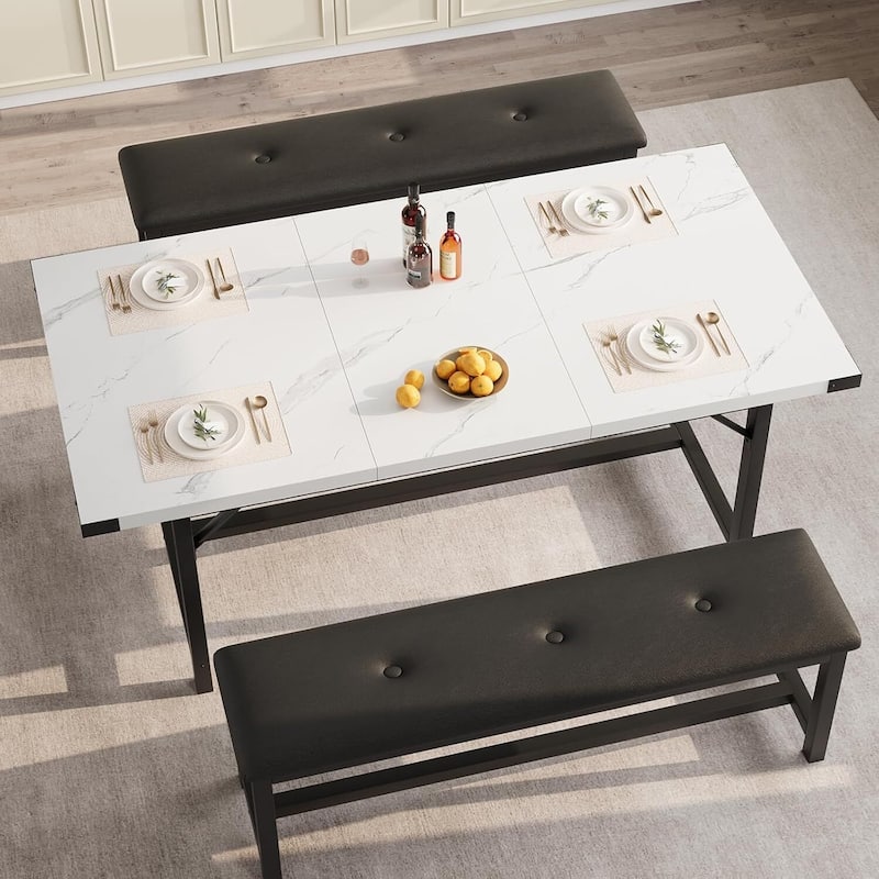 Extendable Kitchen Dining Table Set with 2 Upholstered Benche for 4 for Kitchen, Apartment, Studio