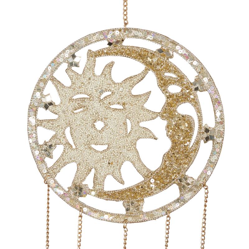 Silver Metal Indoor Outdoor Embellished Moon and Sun Windchime with Glass Beads and Bells - 10 x 1 x 31