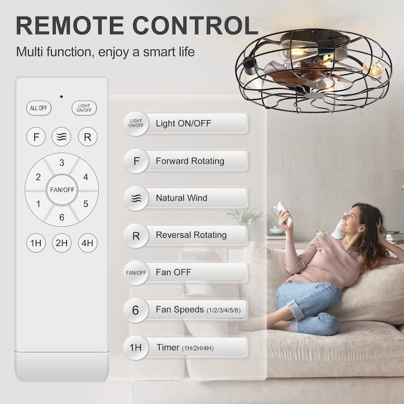 18.5"/23.6" Farmhouse Industrial Enclosed Caged Ceiling Fan with Light & Remote