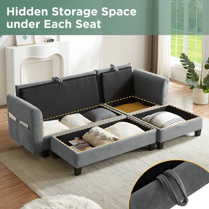 83" L-shaped Sectional Sofa with Storage, Ottoman, Pillows, Grey Chenille for Living Room