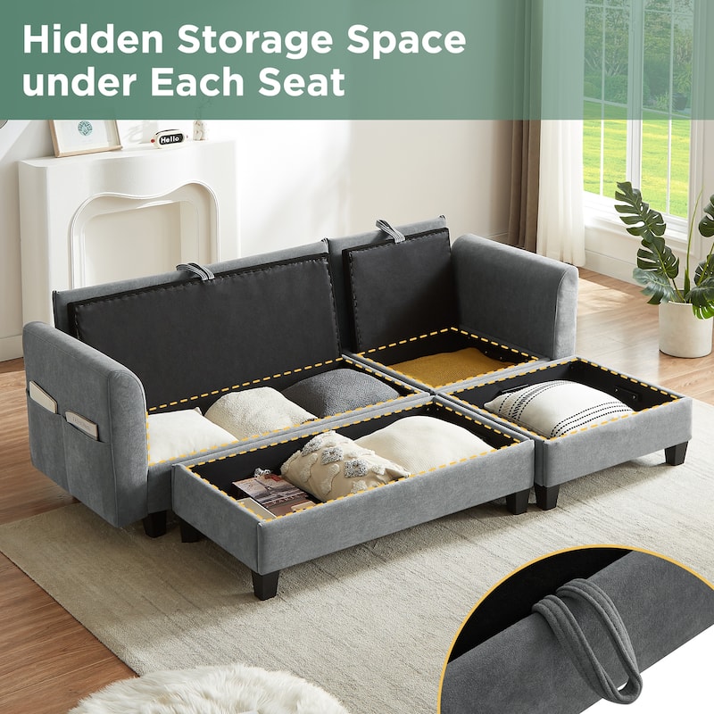 Roomfitters L-Shaped Sectional Sofa with Storage, Movable Ottoman and 6 Throw Pillows for Living Room