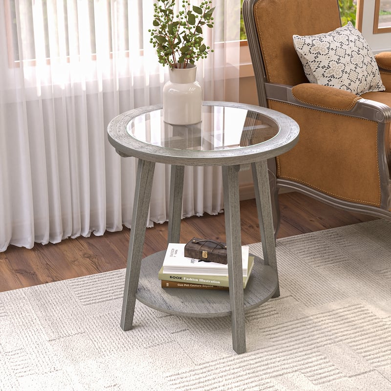 COSIEST 2-Tier Silver Round Glass Table for Living Room - 22" W x 22" D x 24"H - Glass