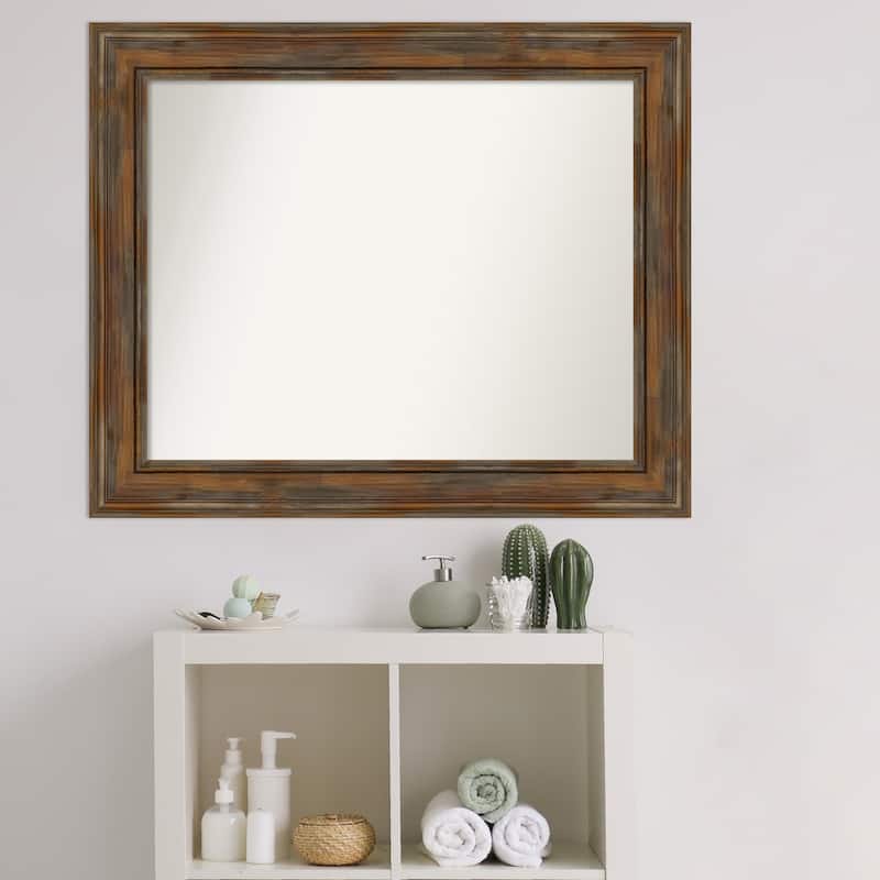 Non-Beveled Wood Bathroom Wall Mirror - Alexandria Rustic Brown Frame