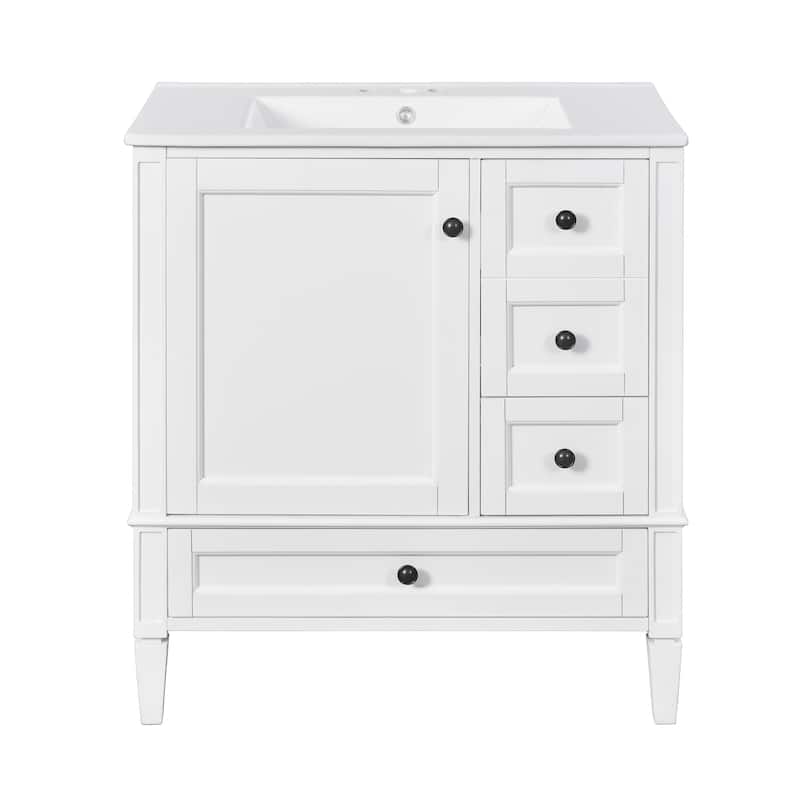 Roomfitters 30" Vanity with Ceramic Sink, Solid Wood Frame Bathroom Cabinet with 3 Drawers, Modern Storage Design