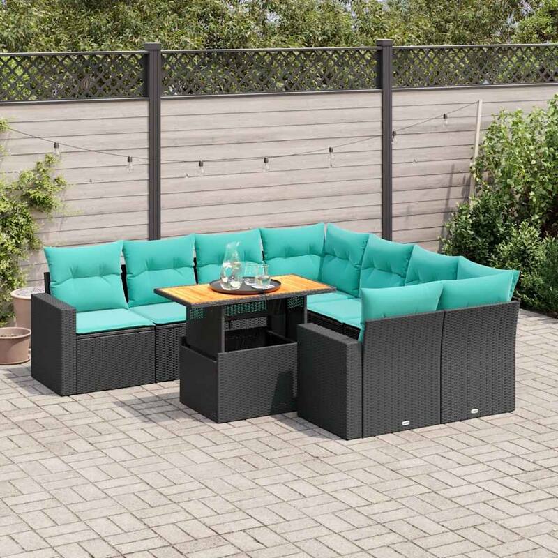 vidaXL 9 Piece Patio Sofa Set with Cushions Black Poly Rattan - 21.7 x 24.4 x 27.2
