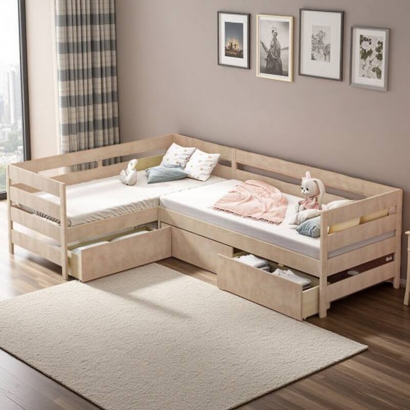 Solid Wood Twin L-Shaped Platform Bed with 3 Storage Drawers, Space-Saving Design - Natural