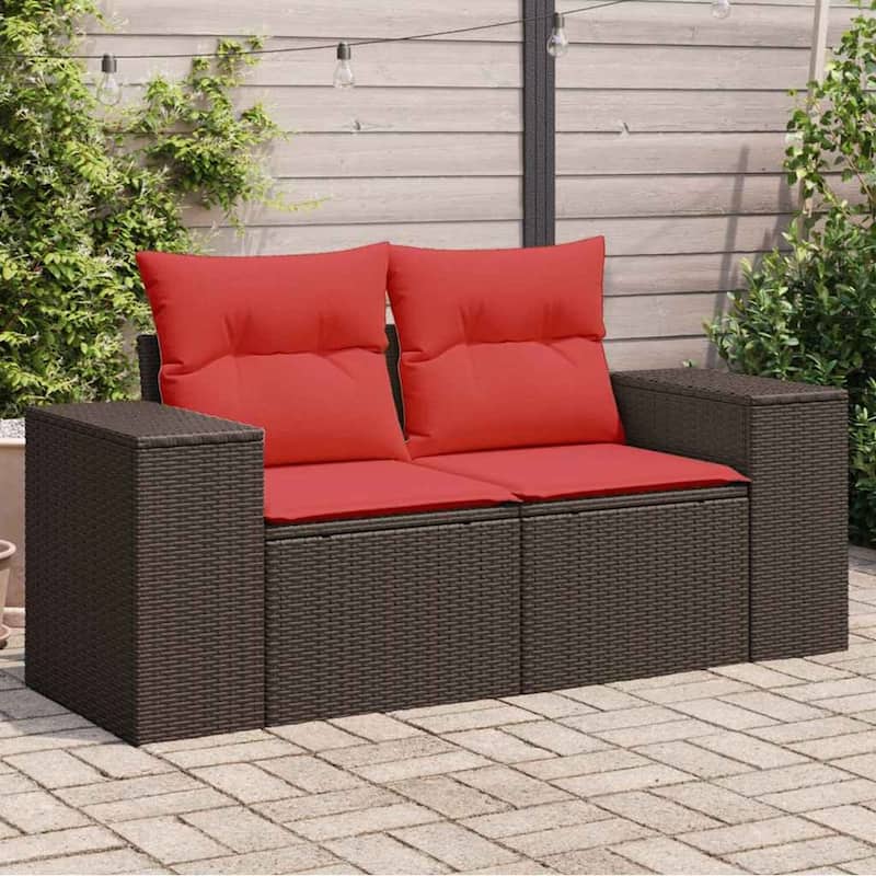 vidaXL Patio Sofa with Cushions 2-Seater Gray/Brown Poly Rattan - 73.2" x 24.4" x 27.2" - Brown with storage