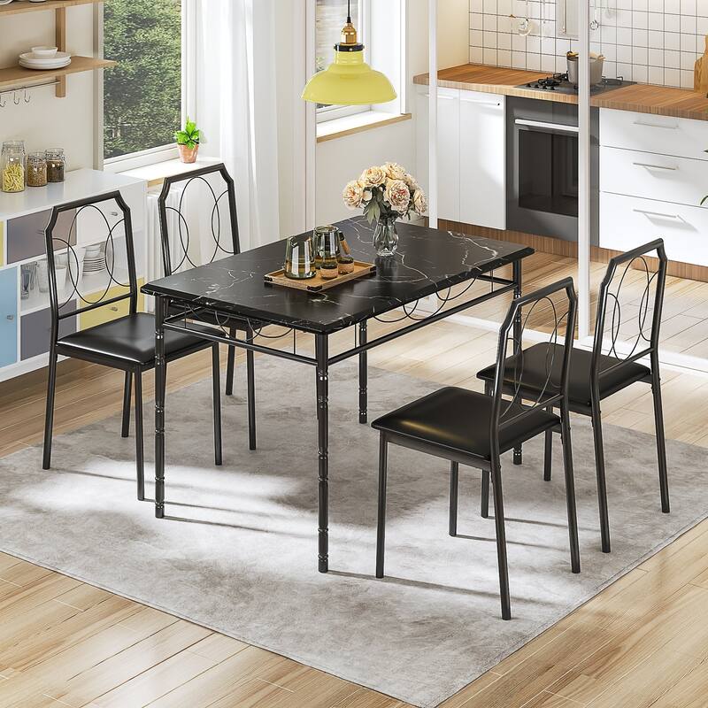 VECELO 5-Piece Black Dining Set Marble Pattern MDF Table with 4 PU Leather Chairs Roman Column Legs for Home Living Room