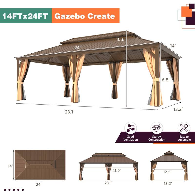 Erommy Pro Series Outdoor Galvanized Steel Roof Gazebo Pergola w/ Aluminum Frame & Vertical Rain Cutter
