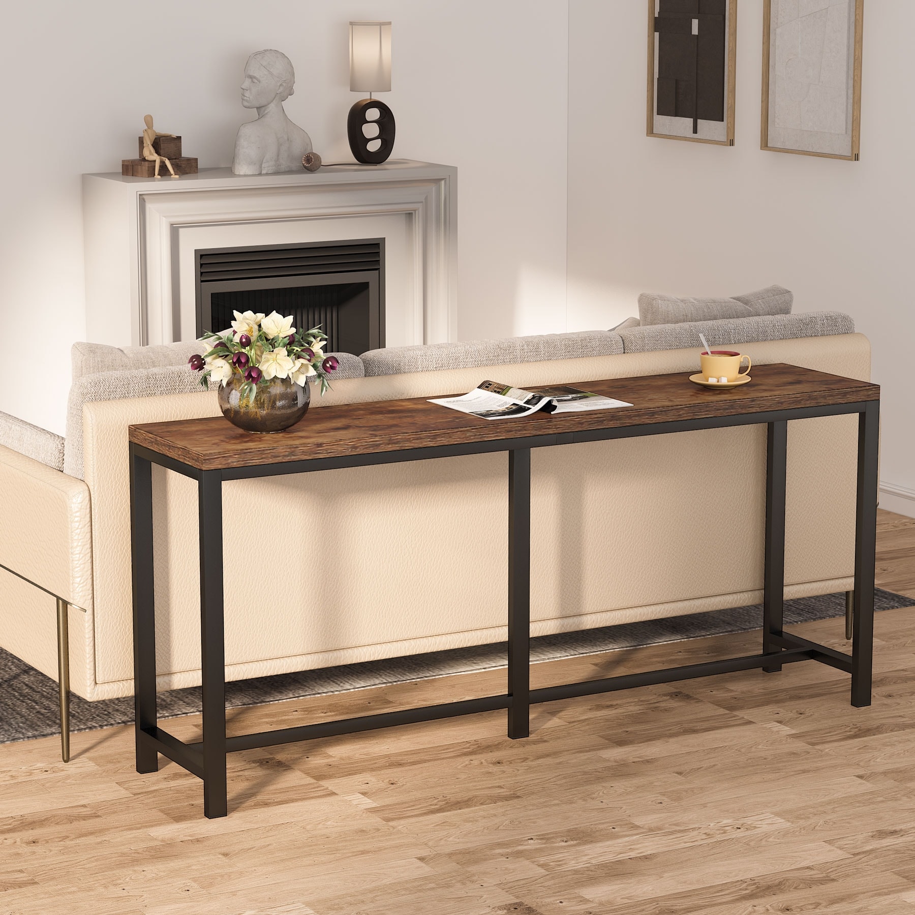 Long table online behind sofa