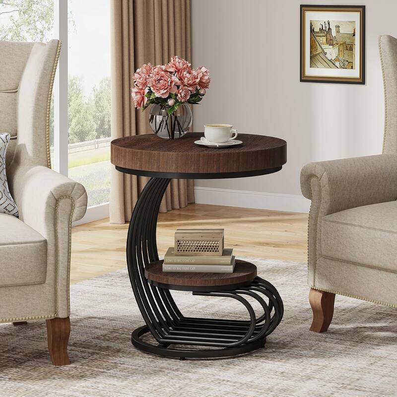 2 Tiers Round End Table with Shelf Storage, Arc-Shaped Side Sofa Table