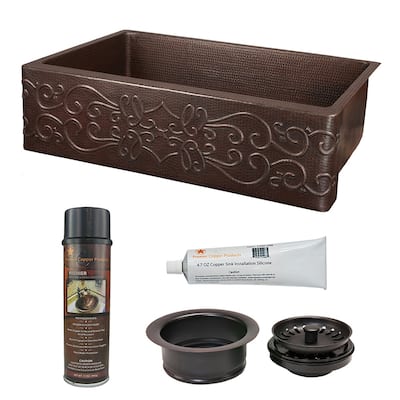 30-in Hammered Copper Kitchen Apron Single Basin Sink with Scroll Design with Matching Drain and Accessories (KSP3_KASDB30229S)